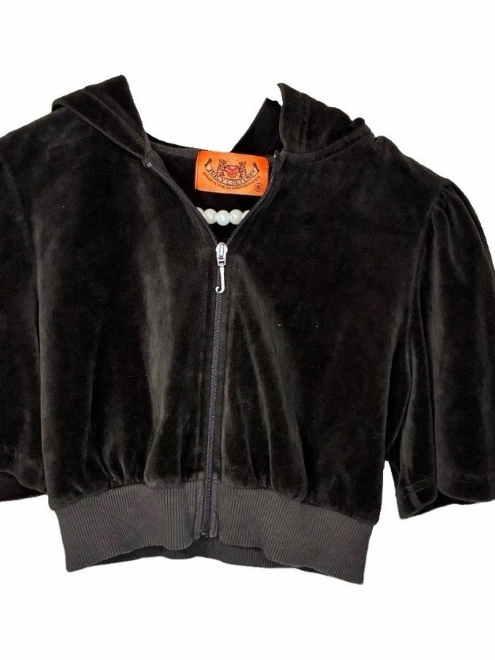 Juicy Couture Hoodie Womens S Brown Excellent Velour Cropped Puff Short Sleeve